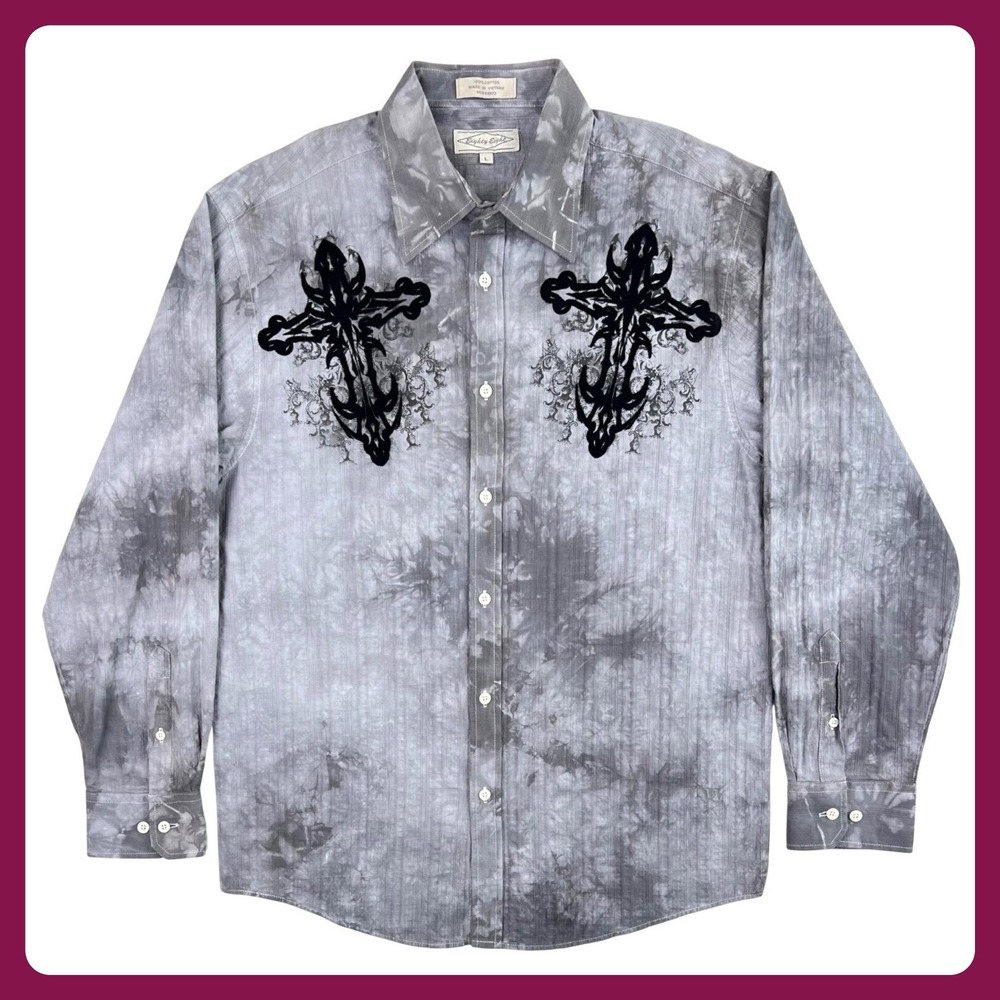 Eighty Eight Tie Dye Shirt Men Large Black 88 Cross Wings Fuzzy Long Sleeve Y2K